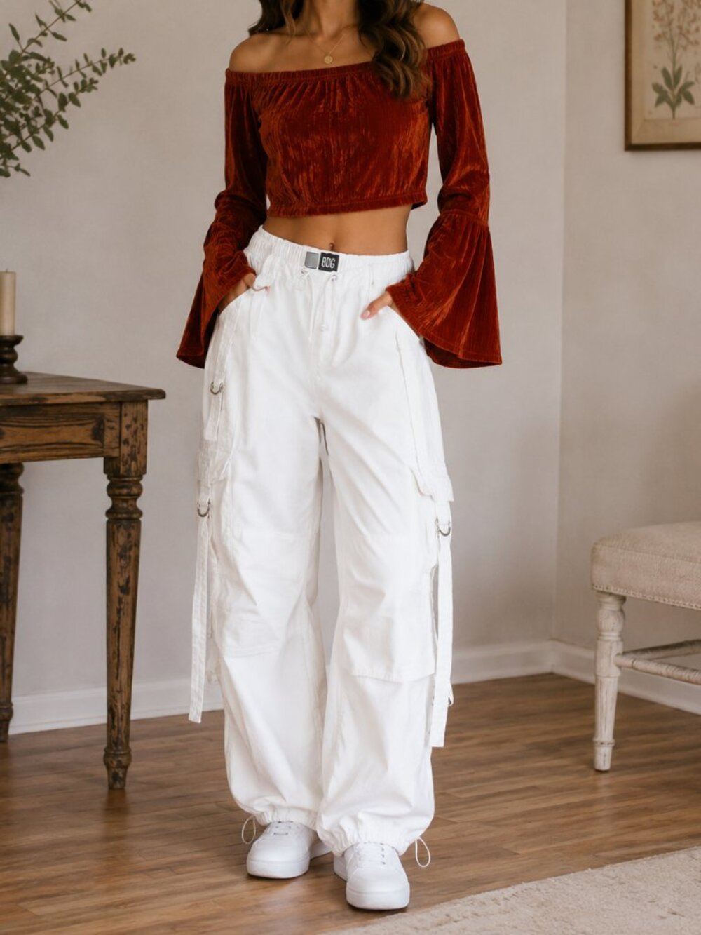 BDG White Cargo Jeans Women's M Drawstring Utility Parachute Denim Pants